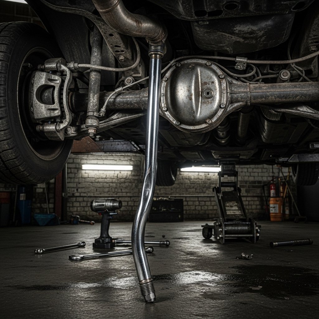  High-detail automotive photography of a vehicle lifted on a hydraulic jack, showing a slightly bent axle shaft compared to a straight reference shaft, industrial garage setting with realistic textures and lighting]